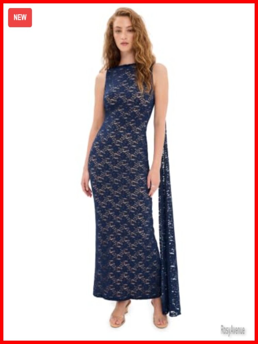 Boat Neck Sleeveless A-Line Maxi Dress Stretch Lace Tie Back Semi Formal Party